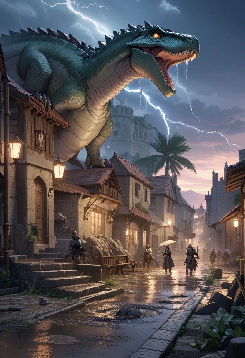 (masterpiece), (highest quality), attacked by white dinosaur monster, night, rain, puddles, lightning, buildings ruins, debris, rubble, Battlefield Background, Best quality, masterpiece, large dinosaur monster with white scales and golden eyes and spikes, medieval coastal town, palm trees, courtyard, bench, cobblestone, ferns, outdoors, tropical, clouds,teal buildings, white steps, fence, road, fleeing people, thunderhead clouds, dusk,