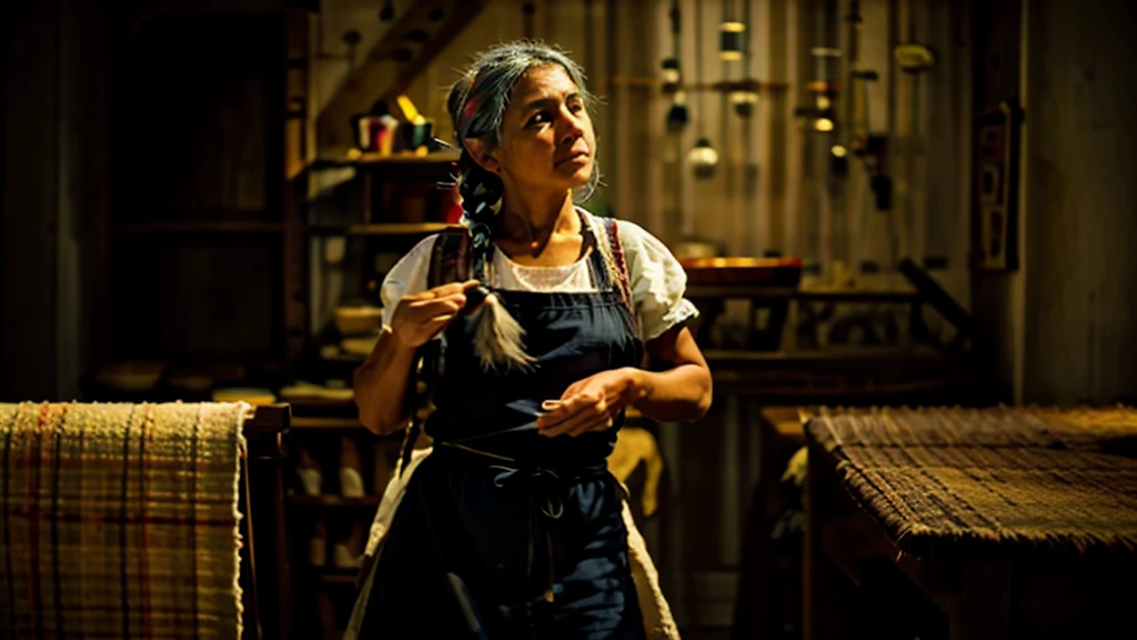 Create an image of Francesca, a Sardinian artisan, working in her weaving workshop in Orgosolo. Francesca is a woman around 65 years old with gray hair tied in a braid. She is wearing traditional Sardinian clothing with an apron. The workshop is filled with colors and textures, with a large wooden loom where she is working on a traditional rug. Around her, there are shelves with colorful threads and fabrics, and the walls are adorned with tapestries and rugs. The scene should convey a sense of dedication, passion, and artisanal mastery.