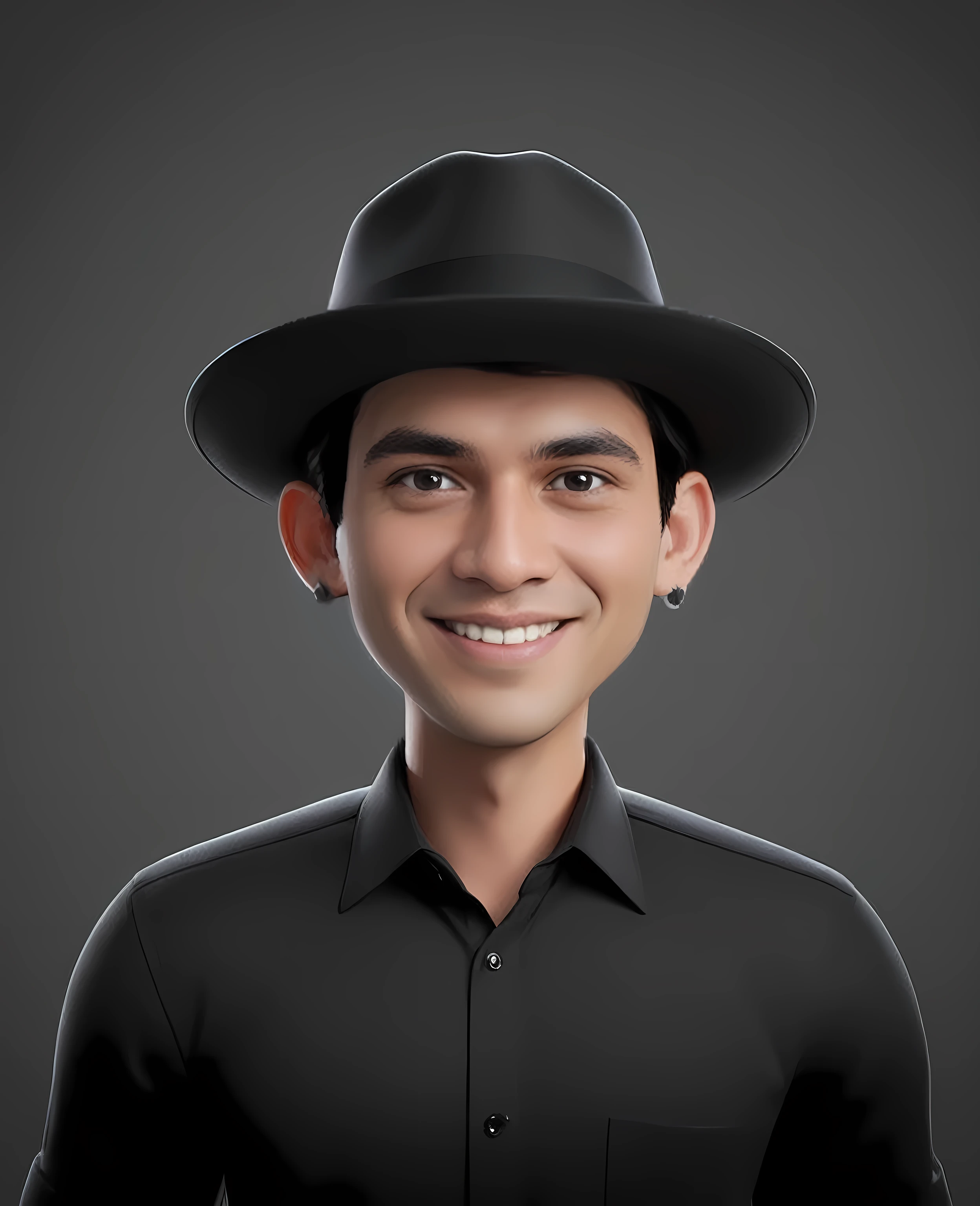 Create a full body portrait of cartoonish caricature 3D animation of a big-headed facing straight to the camera. a 25 years old Pakistani businessman. He has short black pixie cut hair. His face is oval with smooth lines, thick and neat black eyebrows, normal eyes, a small, sharp nose, and thin lips with a wide, friendly smile. He wore a black double breasted suit.  Gradient blue background. masterpiece, top quality, highly detailed skin and face, ultra-realistic, high definition, sharp focus, Concept Art. Front facing, half body portrait, in a office environment

