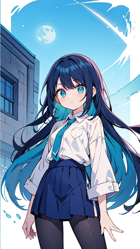Blue-haired long hair,Design clothing,Seven-doppelganger shot,Anime style 4K,Anime girl with teal hair,High quality anime art style,Standing painting,Splash ink background,Blue Themes、Pure white background,Buildings,Face close-up,Buildings,Moon and sun、Shining Star々,milky way,Bright Sky,Looking at me,Facing forward,Clear eyes and nose,cute,beautiful,Thin legs,Black Hair,Buildings in Tokyo