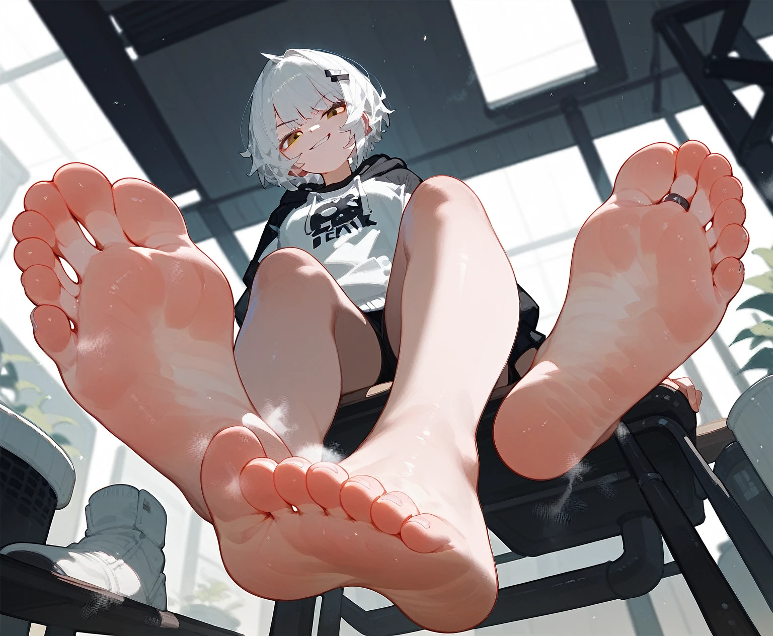 1 woman showing her stinky feet low angle，Soles，Footstep focus，Smirk，Black T-shirt，White sweatshirt jacket，White hair，Bangs, short hair,齐Bangs, 