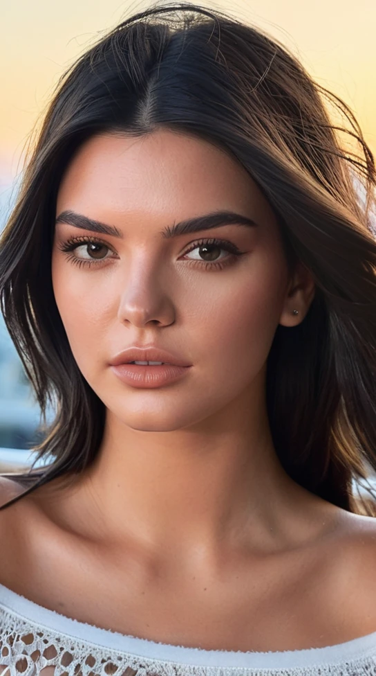 Belle brune, 24 ans, ultra réaliste, ressemble à Kendall Jenner, dans son balcon, visage mignon, Un visage incroyablement beau, Pull surdimensionné, tout le corps, plan moyen de la photo
