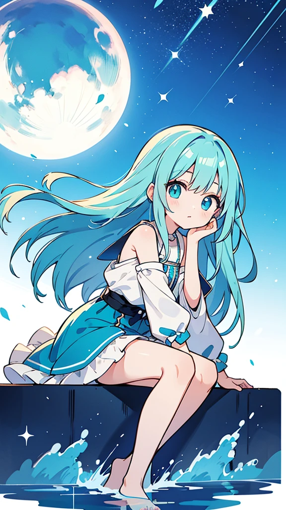 Blue-haired long hair，Design clothing，Seven-doppelganger shot，Anime style 4K，Anime girl with teal hair，High quality anime art style，Standing painting，Splash ink background，Blue Themes、Pure white background,Buildings,Face close-up,Buildings,Moon and sun、Shining Star々,milky way,Bright Sky,Looking at me,Facing forward,Clear eyes and nose,cute,beautiful,Thin legs,sitting by the water