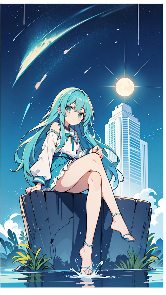 Blue-haired long hair,Design clothing,Seven-doppelganger shot,Anime style 4K,Anime girl with teal hair,High quality anime art style,Standing painting,Splash ink background,Blue Themes、Pure white background,Buildings,Face close-up,Buildings,Moon and sun、Shining Star々,milky way,Bright Sky,Looking at me,Facing forward,Clear eyes and nose,cute,beautiful,Thin legs,sitting by the water