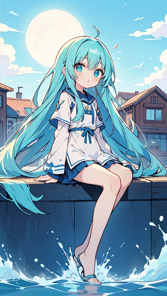 Blue-haired long hair,Design clothing,Seven-doppelganger shot,Anime style 4K,Anime girl with teal hair,High quality anime art style,Standing painting,Splash ink background,Blue Themes、Pure white background,Buildings,Face close-up,Buildings,Moon and sun、Shining Star々,milky way,Bright Sky,Looking at me,Facing forward,Clear eyes and nose,cute,beautiful,Thin legs,sitting by the water