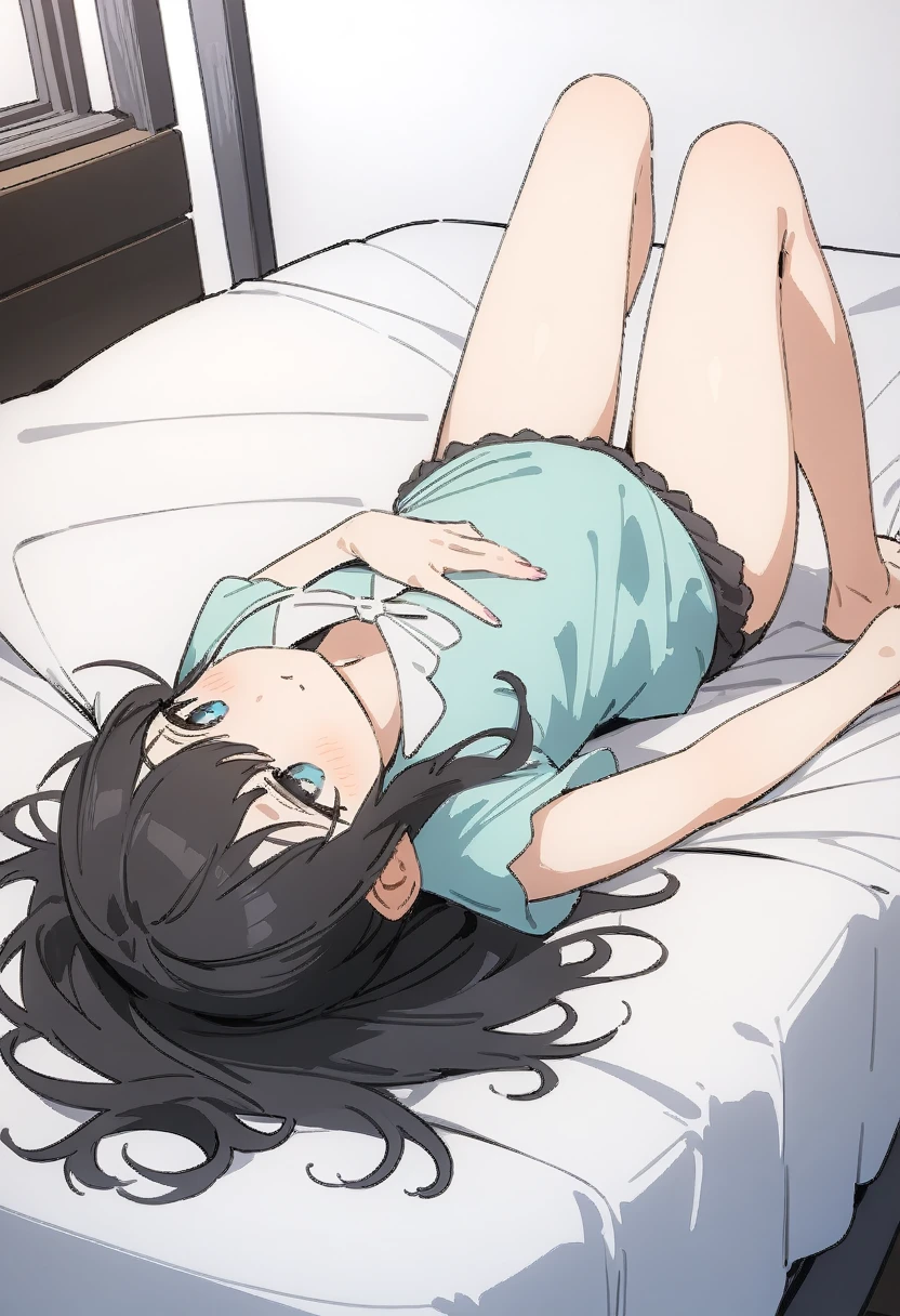 high quality, 最high quality、 Stylish design, (((The cutest girl))), ((Thin legs))、(((最high quality))), High resolution, ((detailed)), ((masterpiece)), ((Super detailed)), 、Black Hair、Inner Color、((Lying on your back in bed),underwear,I can hit it),((Sexual))