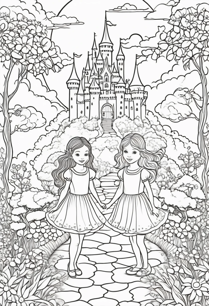 the image is in the style of a coloring book with black and white lines. two little girls play surrounded by flowers. here there are fairy trees behind them and a fairy castle, clouds and sun in the background