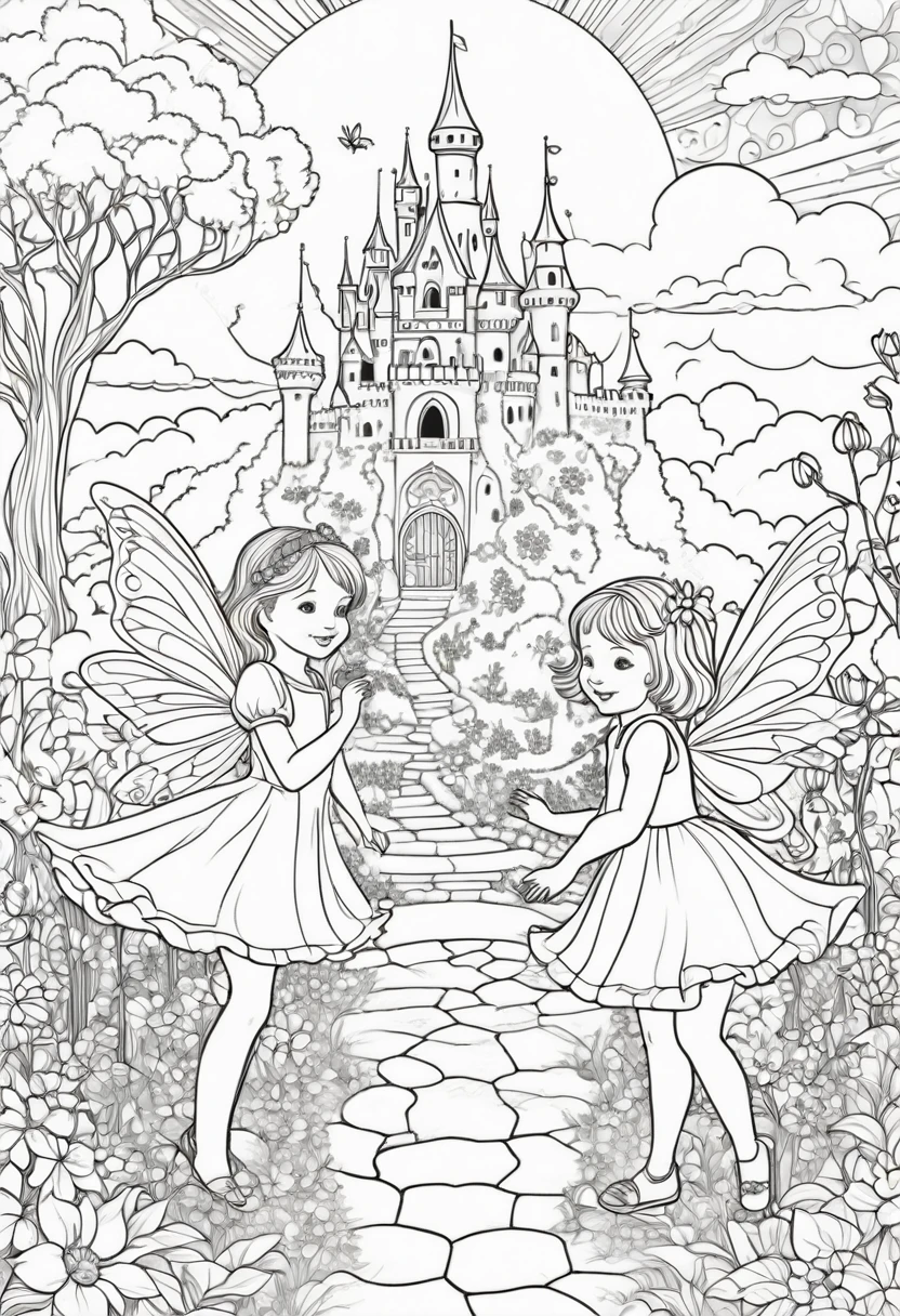 the image is in the style of a coloring book with black and white lines. two little girls play surrounded by flowers. here there are fairy trees behind them and a fairy castle, clouds and sun in the background