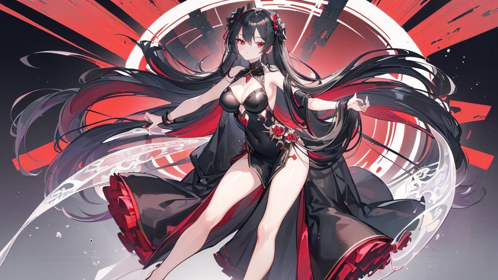 (Exquisite eyes),(Clear and beautiful eyes:1.61),masterpiece, ung girl,(Black clothes and some red gems), Black long hair, (She has a huge red gem on her chest), Good Hand,((The Havoc of StarCraft)),full-body shot,Fighting Stance,(Red Eyes:1.466),short and small,(Very big breasts:1.35),(Pretty Face),(full-body shot:1.33),Beautiful hands