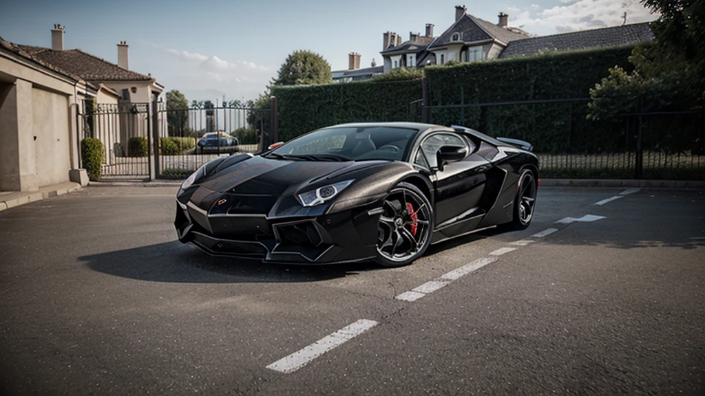Make a picture of lamborghini aventador lp 780-4 ultimae (nero aldebaran metallic - black), the background is a massive mansion and the car is standing infront of the main gate 