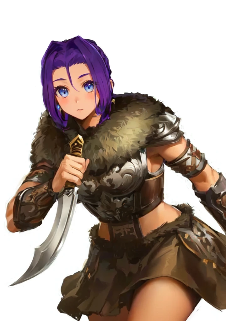 A man in brown clothes、Holding a sword、Purple hair woman, She holds a sword, Natalie in epic battle fantasy, Armor Girl, A very beautiful berserker woman, Wearing dark purple armor, Wearing fur armor, Wearing a shining breastplate, wearing intricate fur armor, female barbarian, Northern adult female warrior, Savage Female Portrait,Blue Eyes,Three Kingdoms,Dynasty Warriors,big ,sex body,Brown skin,cute,,Petite girl