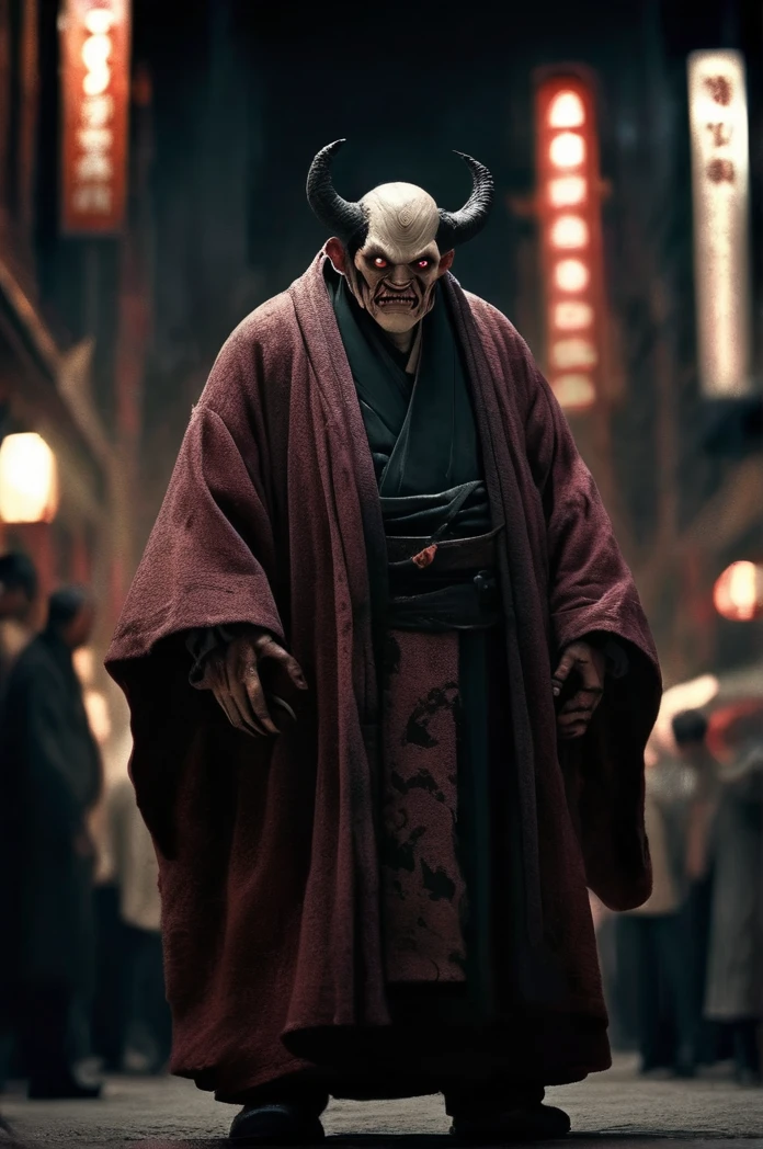 Steampunk night city、There are a lot of demons in the background、Full Body Shot、Horror-themed movie stills,、Calm, big-headed old man, Head enlargement(Head size 1:9)、(Full body portrait:1.3), Nurarihyon、I'm wearing a kimono, Shallow depth of field, Vignette, Very detailed, High budget, Bokeh, CinemaScope, Sulky, amazing, nice, Film Grain, granular . Creepy, Anxious, dark, Creepyな, Suspenseful, strict, Very detailed
