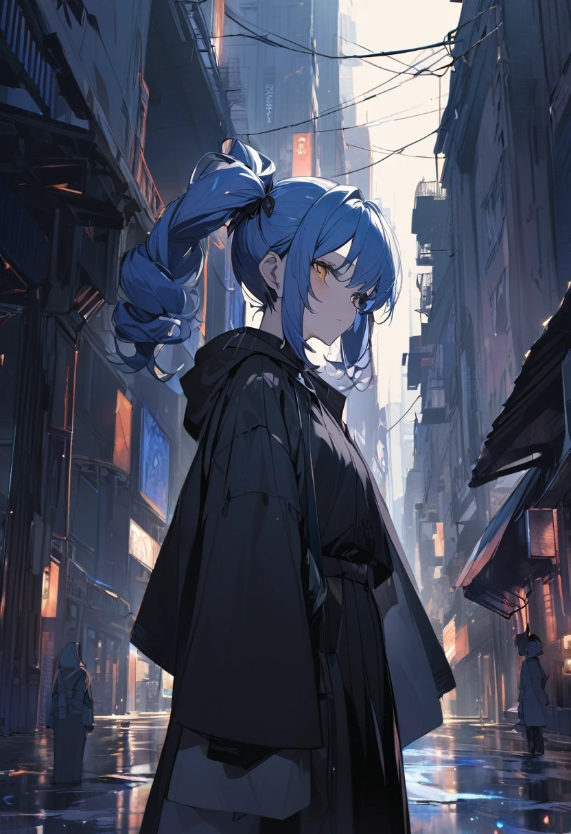 (One very tall woman,Navy Blue Hair,Her hairstyle is twin tails that expose her forehead.,yellow eyes,Medium Bust, Dynamic Angle,Bloody all over the body)Black haori,Black Hakama,Wear a grey scarf around your neck,The background is a night city,Intimidation,Delicate colors