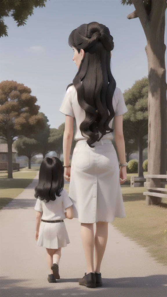 back view, 1 girl and her mother going for a walk, english girl, 12 years old, arms back, 3/4 shot, long black hair, white clothes, English mother, looking 35 years old, long black hair, white shirt, red skirt