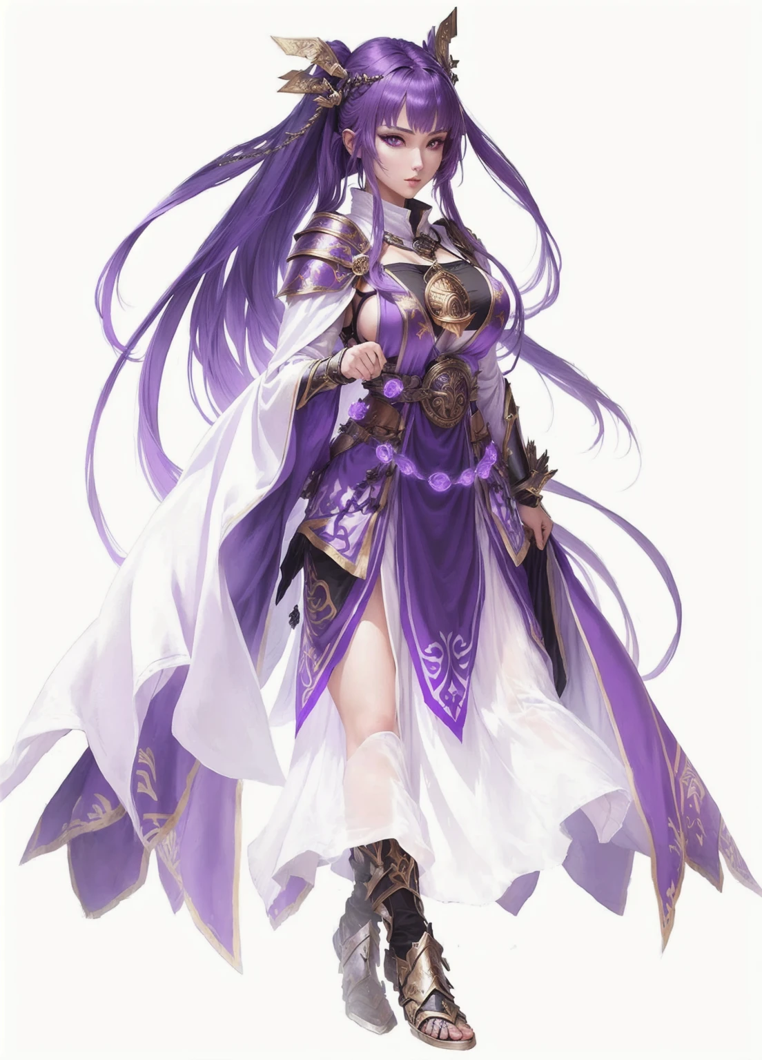 female warrior, sexy, attractive body, pretty face, female priestess knight, wear priestess clothes, purple hair, purple eyes,