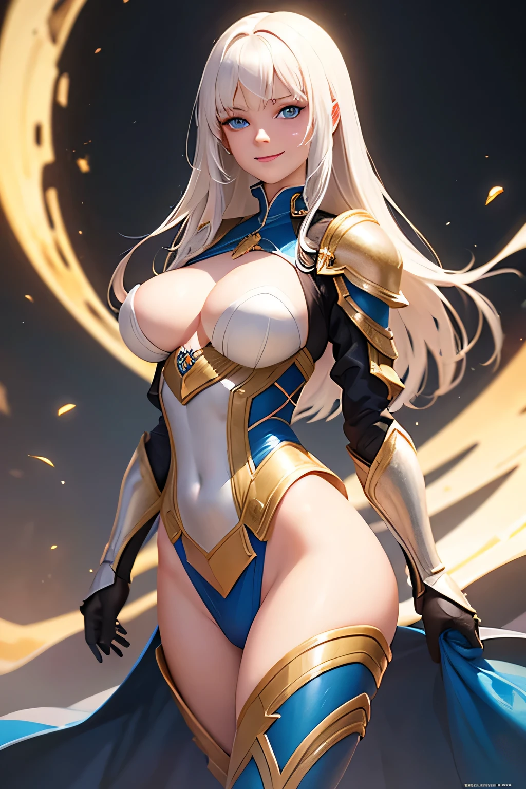 A beautiful, slender 18 year old girl with brunette hair, glowing bleached skin, bright blue eyes, flushed cheeks, straight hair, smiling serenely, wearing a skimpy, sexy suit of armor, high fantasy, detailed, digital painting, hyper realistic, photorealistic, volumetric lighting, 8k, cinematic, dramatic lighting