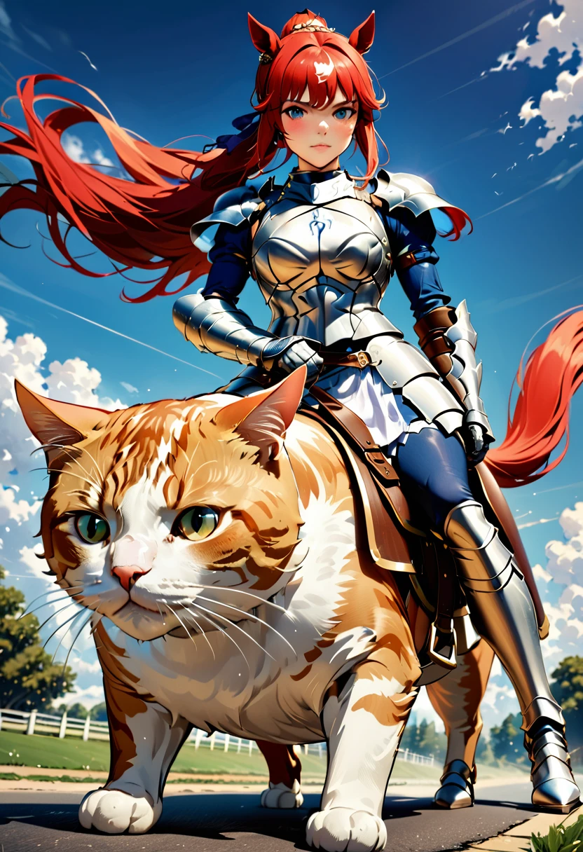 arafed a picture of a human knight riding an ((epic sized cat: 1.3)) וin fantasy street, a a human knight, full body, ((anatomically correct: 1.5), female knight, red hair, long hair, hair in a pony tail, wearing knight's armor, decorated armor, high heeled boots, BREAK riding a ((cat big as a horse: 1.5)), the cat is wearing armor ready for battle, dynamic color cat Hyperrealism style, vibrant, Ultra-high resolution, High Contrast, (masterpiece:1.5), highest quality, Best aesthetics), best details, best quality, highres, ultra wide angle, 16k, [ultra detailed], masterpiece, best quality, (extremely detailed) RAW, ArmoredDress