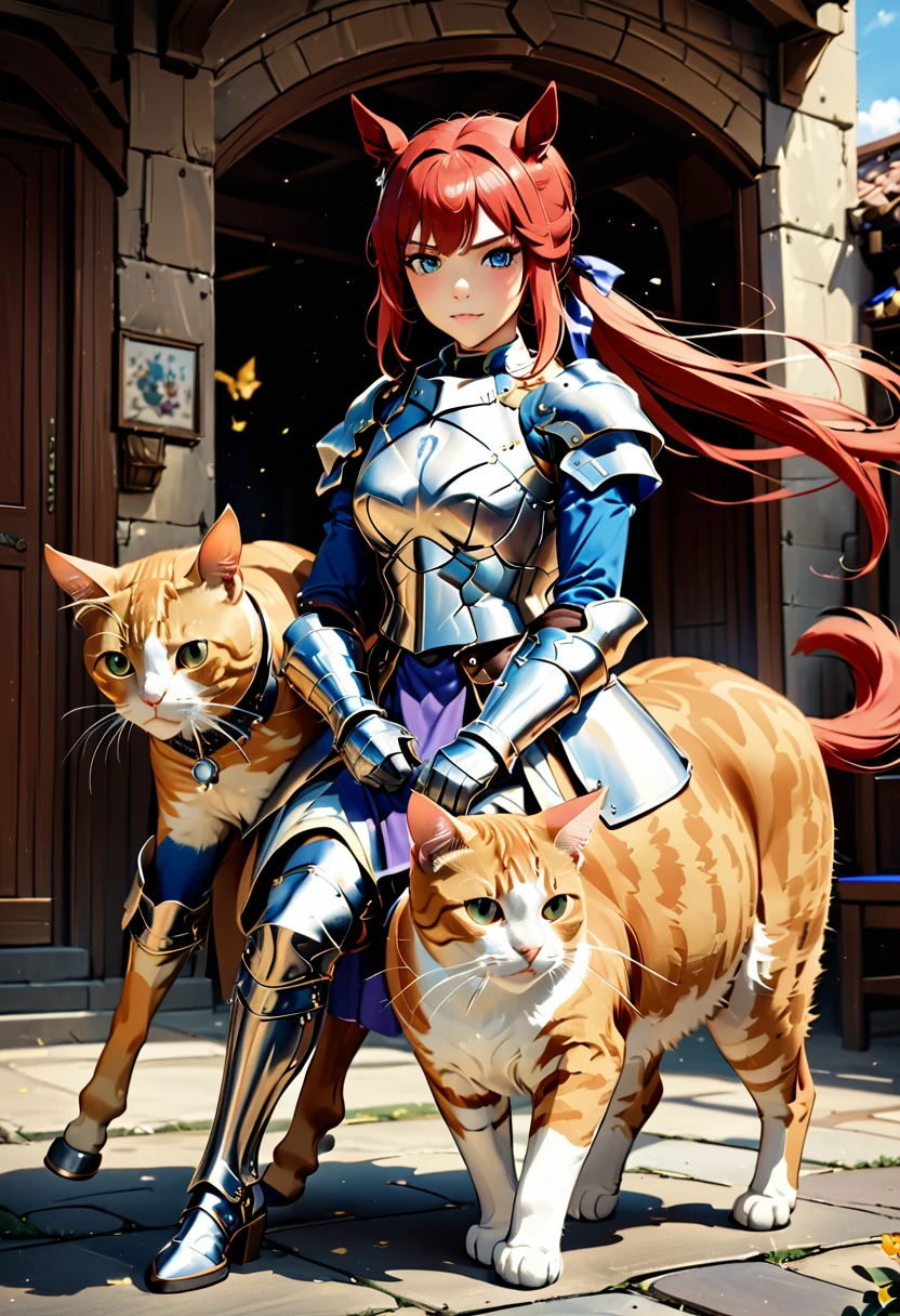 arafed a picture of a human knight riding an ((epic sized cat: 1.3)) וin fantasy street, a a human knight, full body, ((anatomically correct: 1.5), female knight, red hair, long hair, hair in a pony tail, wearing knight's armor, decorated armor, high heeled boots, BREAK riding a ((cat big as a horse: 1.5)), the cat is wearing armor ready for battle, dynamic color cat Hyperrealism style, vibrant, Ultra-high resolution, High Contrast, (masterpiece:1.5), highest quality, Best aesthetics), best details, best quality, highres, ultra wide angle, 16k, [ultra detailed], masterpiece, best quality, (extremely detailed) RAW, ArmoredDress