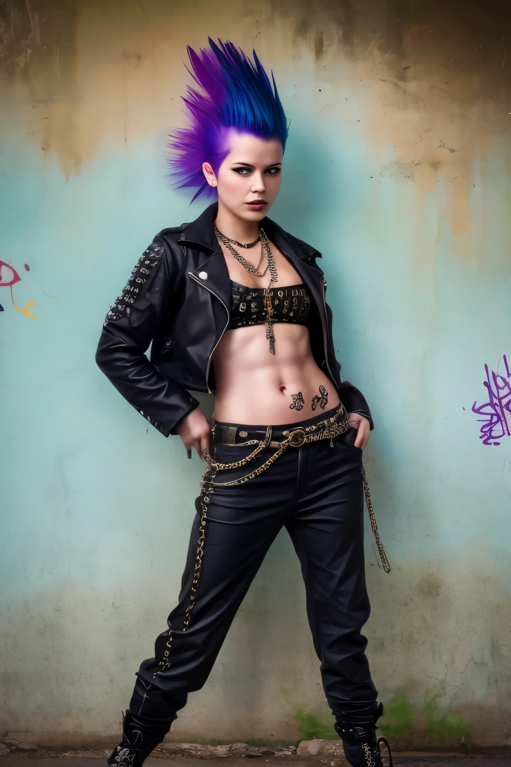 (work of art, best qualityer:1.2), 1 girl ,intrincately detailed, "Punk Girl", in dynamic pose, ((spike mohawk hair, punk hair, wearing a black jacket, chains, Rocket style, tattooed , hot body, abs)) . Shallow depth of field, vignette, highy detailed, high budget, bokeh, cinemascope, temperamental, epic, marvelous, film grain, grainy. ((Abandoned grafitti wall background)).