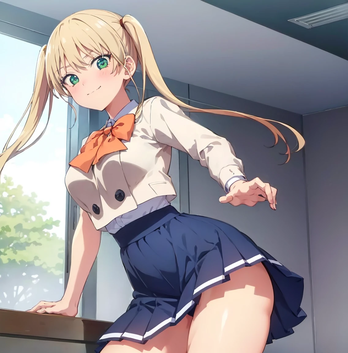 ((1girl)),((alone)), Rika hoshizaki, (masterpiece), (best quality), (ultra detailed), (best illustration), (best shadow), (absurdities), sharp focus, cowboy photo , looking at viewer, big breasts, narrow waist, wide hips, medium thighs, round butt, dynamic posture, two pigtails, green eyes, open mouth, skirt, smile, long hair, , breasts, looking at viewer, skirt blue, bow, cute background, orange bow, bangs, long sleeves, bow tie, orange bow tie, seductive smile, closed mouth, (sexy pose: 1.2), ((only)), standing: 1.3, indoor, school, classroom, desks, desk, window, sunset, looking forward ((focus on thighs)), point of view (from below), red blush, perfect anatomy, perfect hands