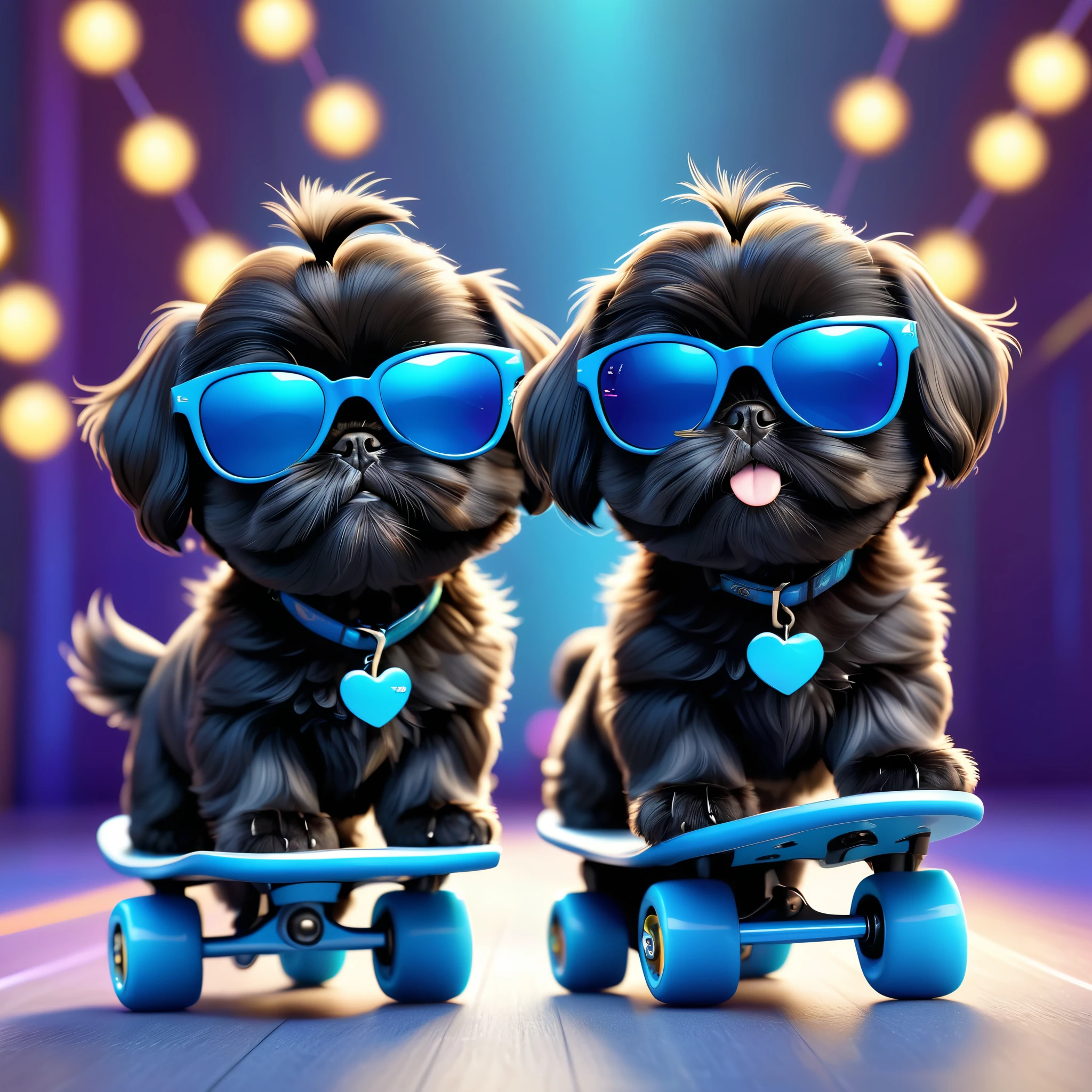 2 adorable small black Shih Tzu puppies wearing blue sunglasses,roller skating,3d cartoon,3d render,disney pixar style,highly detailed,photorealistic,8k,masterpiece,vibrant colors,soft lighting,cute expression,playful,adorable,fluffy,realistic textures,studio lighting,professional photography