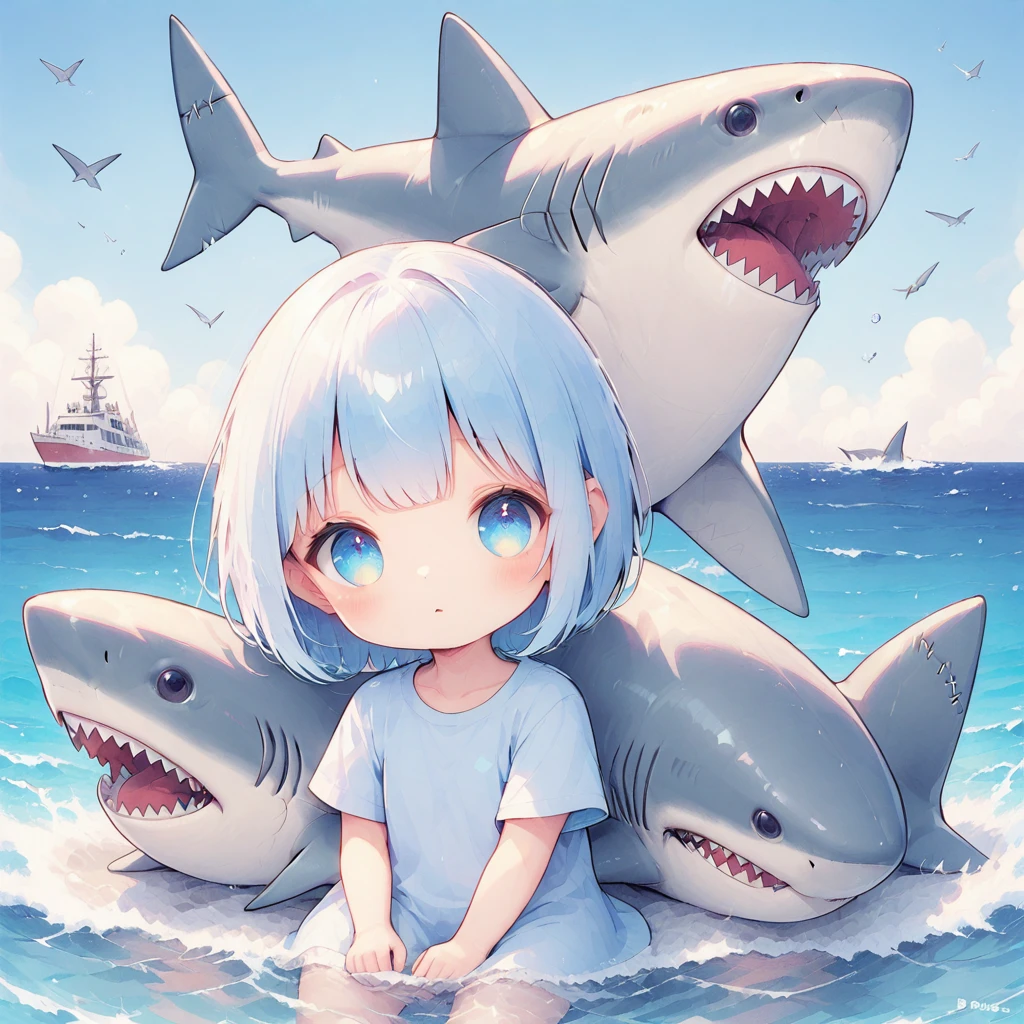 Light blue hair,Light blue eyes,Bob,Half Twin,Ocean,shark