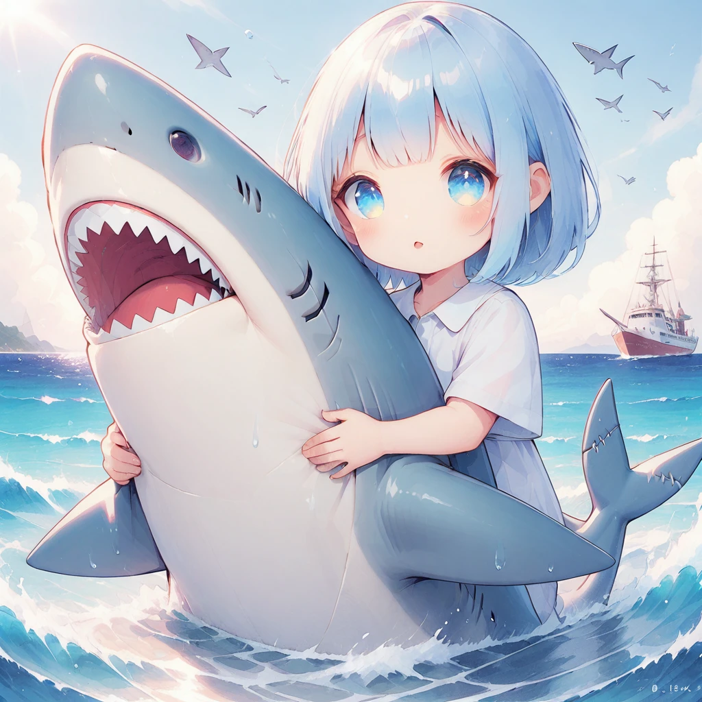 Light blue hair,Light blue eyes,Bob,Half Twin,Ocean,shark