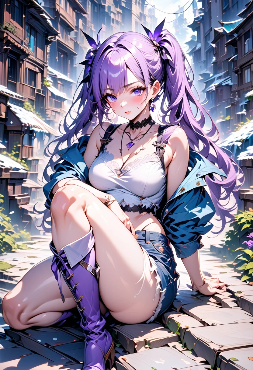 (Fantasy artwork of Espeon in beautiful human form) 1girl, adult female, human ear,  mature, lilac double ponytails hairstyle, air-bangs (lilac), feline purple eyes, cropped denim jacket (velvety purple),top crops, denim skirts, over-knee boots, necklaces, sharp gaze, cold attitude, (detailed background), full-body, cinematic lighting, fantasy, illustration, vibrant colors, (masterpiece:1.2), (best quality:1.2), (very aesthetic:1.2), (absurdres:1.2), newest, intricate details, ai-generated