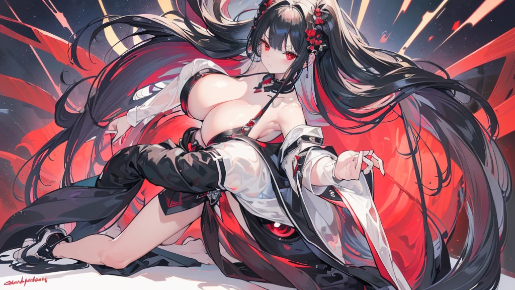 (Exquisite eyes),(Clear and beautiful eyes:1.61),masterpiece, ung girl,(Black clothes and some red gems), Black long hair, (She has a huge red gem on her chest), Good Hand,((The Havoc of StarCraft)),full-body shot,Fighting Stance,(Red Eyes:1.466),short and small,(Very big breasts:1.35),(Pretty Face),(full-body shot:1.33),Beautiful hands