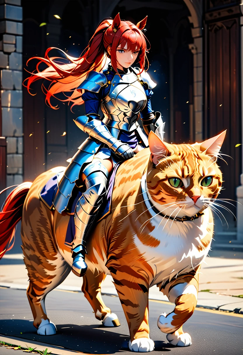 arafed a picture of a human knight riding an ((epic sized cat: 1.3)) וin fantasy street, a a human knight, full body, ((anatomically correct: 1.5), female knight, red hair, long hair, hair in a pony tail, wearing knight's armor, decorated armor, high heeled boots, BREAK riding a ((cat big as a horse: 1.5)), the cat is wearing armor ready for battle, dynamic color cat Hyperrealism style, vibrant, Ultra-high resolution, High Contrast, (masterpiece:1.5), highest quality, Best aesthetics), best details, best quality, highres, ultra wide angle, 16k, [ultra detailed], masterpiece, best quality, (extremely detailed) RAW, ArmoredDress