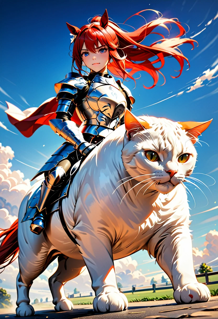 arafed a picture of a human knight riding an ((epic sized cat: 1.3)) וin fantasy street, a a human knight, full body, ((anatomically correct: 1.5), female knight, red hair, long hair, hair in a pony tail, wearing knight's armor, decorated armor, high heeled boots, BREAK riding a ((cat big as a horse: 1.5)), the cat is wearing armor ready for battle, dynamic color cat Hyperrealism style, vibrant, Ultra-high resolution, High Contrast, (masterpiece:1.5), highest quality, Best aesthetics), best details, best quality, highres, ultra wide angle, 16k, [ultra detailed], masterpiece, best quality, (extremely detailed) RAW, ArmoredDress