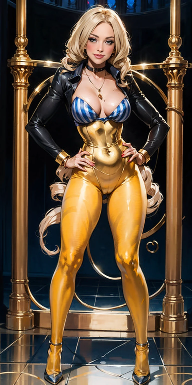 1single Milf full body standing straight symmetrical, looking at the viewer, hands on the hips, Twin drills, striped pantyhose, golden handcuffs on hands with a black leather collar around the golden heart necklace, hands on the hips, lustful smiling satisfied face red blushing