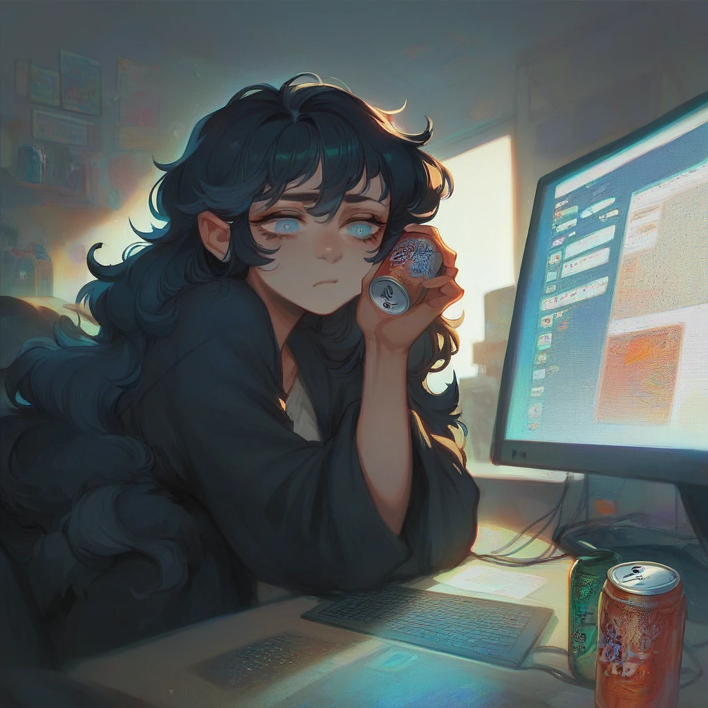 1woman, Black coat, sitting in front of the computer, tired expression, Monster drink cans around the table,Psychedelic colors, perfect anatomy, perspective,Black hair,long hair , Light blue eyes, fluffy hair,Room a little messy and a little dark 