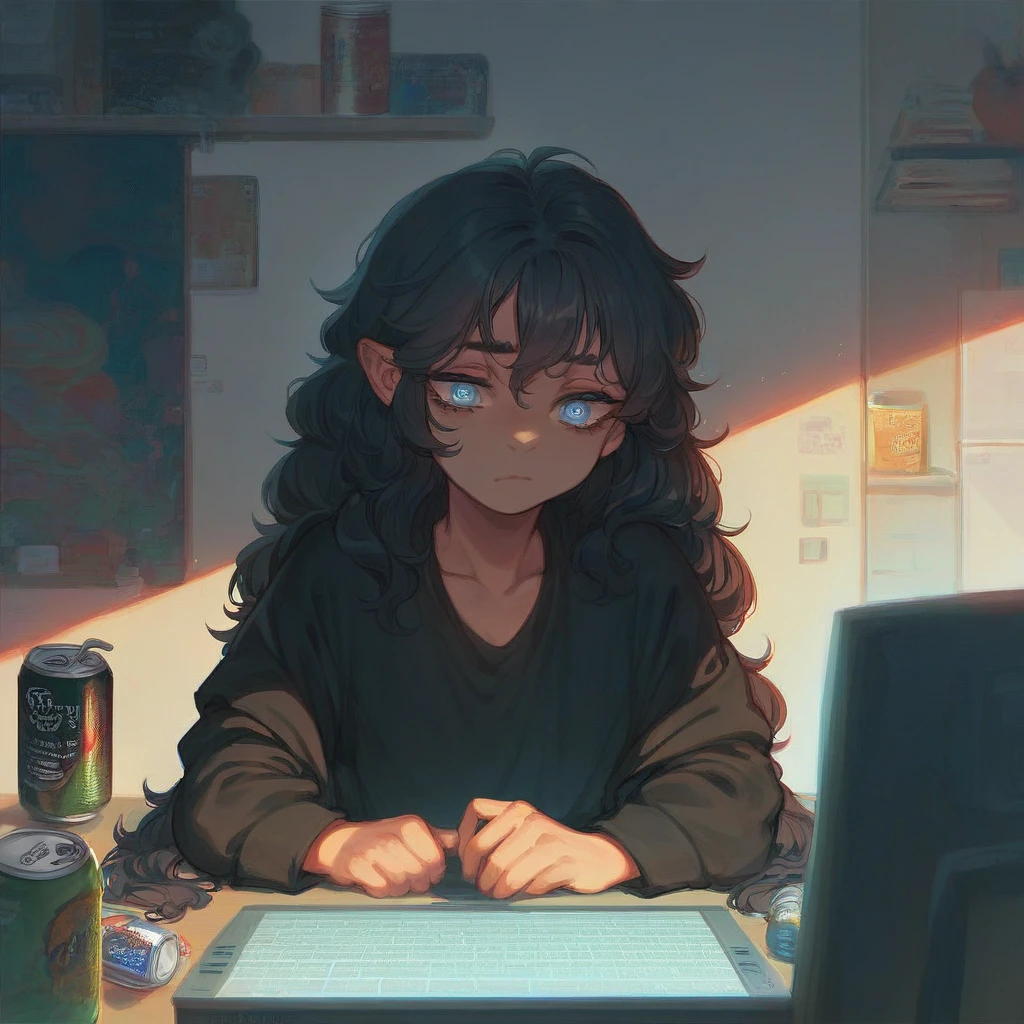 1woman, Black coat, sitting in front of the computer, tired expression, Monster drink cans around the table,Psychedelic colors, perfect anatomy, perspective,Black hair,long hair , Light blue eyes, fluffy hair,Room a little messy and a little dark 