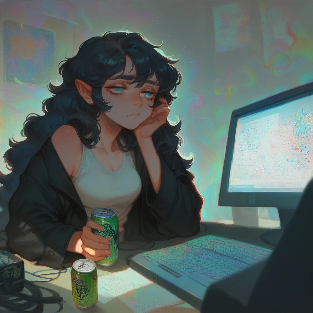 1woman, Black coat, sitting in front of the computer, tired expression, Monster drink cans around the table,Psychedelic colors, perfect anatomy, perspective,Black hair,long hair , Light blue eyes, fluffy hair,Room a little messy and a little dark