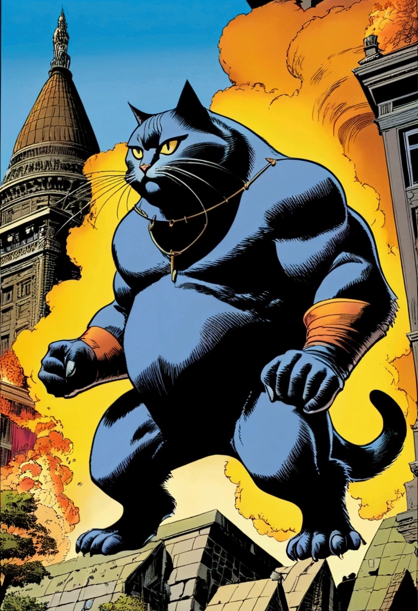 Giant fat Cat, full body, outdoor, by Sal Buscema and Brian Bolland and Neal Adams, cinematic still, (best quality, masterpiece), very aesthetic, perfect composition, intricate details, ultra-detailed, vivid colors