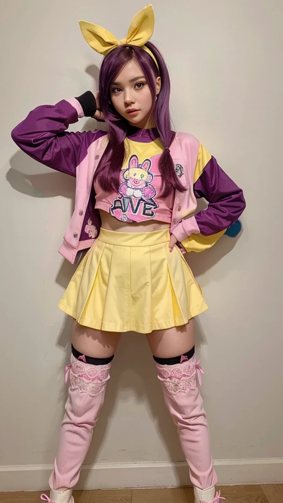 an anime girl with dark purple hair and light purple eyes, dressed in a striking pink and yellow outfit. She wears pink gloves, a pink bow in her hair and a headband with a yellow rabbit. Her shirt is pink with a yellow star on each side and a red heart on the chest.. She wears a black belt under a pink skirt that has multiple layers of lace with a yellow trim.. She is wearing red socks and high-heeled boots.. The girl is making a funny gesture with her hands, touching your head with your index and middle fingers, with a funny expression and tongue out. the background is white.