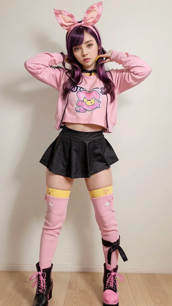 pale skinned girl, con un cabello de colores azules y turquesas al igual que mis ojos, aunque en uno de ellos utilizo un pulpitantes de color fucsia. Este vestido trae colores blancos, negros, azules, morados y accesorios dorados. Also bring a pair of tights that are the same colors as my dress but are more purple and are different from each other., but I always wear them accompanied by flat white shoes with bows on their ankles. NSFW, DESNUDA