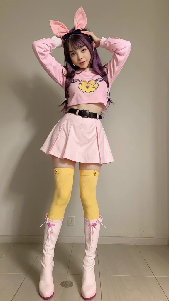 an anime girl with dark purple hair and light purple eyes, dressed in a striking pink and yellow outfit. She wears pink gloves, a pink bow in her hair and a headband with a yellow rabbit. Her shirt is pink with a yellow star on each side and a red heart on the chest.. She wears a black belt under a pink skirt that has multiple layers of lace with a yellow trim.. She is wearing red socks and high-heeled boots.. The girl is making a funny gesture with her hands, touching your head with your index and middle fingers, with a funny expression and tongue out. the background is white.