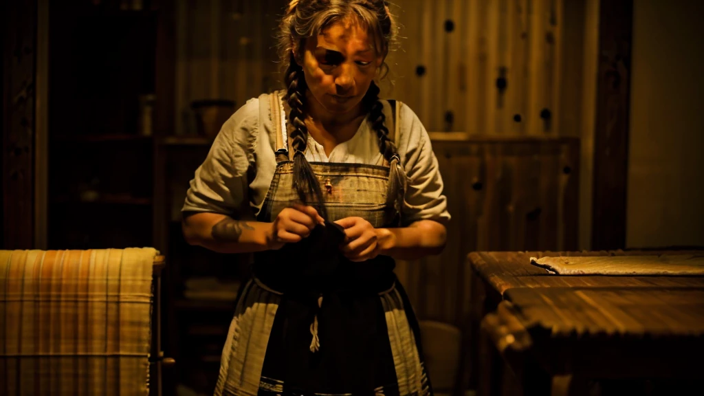 Create an image of Francesca, a Sardinian artisan, working in her weaving workshop in Orgosolo. Francesca is a woman around 65 years old with gray hair tied in a braid. She is wearing traditional Sardinian clothing with an apron. The workshop is filled with colors and textures, with a large wooden loom where she is working on a traditional rug. Around her, there are shelves with colorful threads and fabrics, and the walls are adorned with tapestries and rugs. The scene should convey a sense of dedication, passion, and artisanal mastery.