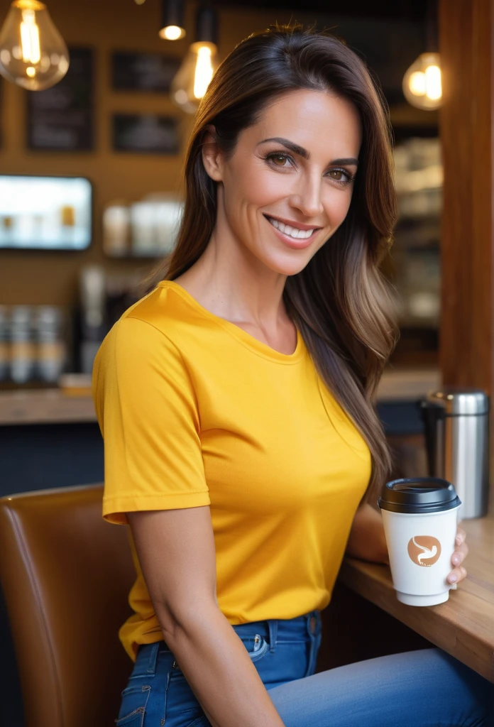((1 Spanish girl)), (Laia Manzanares) (35 years old), Ethereal beauty, beautiful eyes, flirtatious smileLong, slick hair, muscularly trained body, she try a tshirt and jeans and works at the smartphone, she is in a coffee shop, best quality, photorealestic, 8K, high resolution, Ultra-realistic, detailed skin, 8K uhd, dslr, Sanftes Lichting, good quality, film grain, Fujifilm XT3