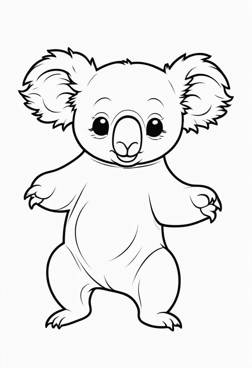 A clean and simple black and white drawing to color, featuring an adorable baby Koala. The Koala jumps animatedly, showing its cheerful spirit. The illustration is designed with bold, thick lines, perfect for children to fill in with color. The overall style is reminiscent of classic cartoon characters, creating a cheerful and pleasant atmosphere., illustration, illustration