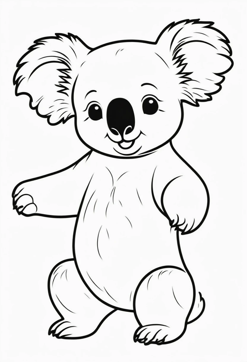 A clean and simple black and white drawing to color, featuring an adorable baby Koala. The Koala jumps animatedly, showing its cheerful spirit. The illustration is designed with bold, thick lines, perfect for children to fill in with color. The overall style is reminiscent of classic cartoon characters, creating a cheerful and pleasant atmosphere., illustration, illustration