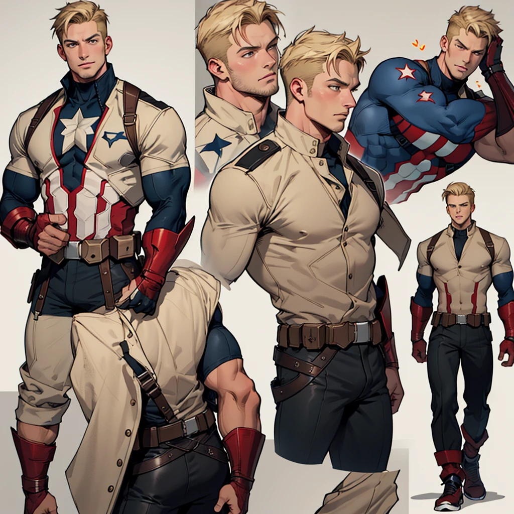 A model sheet of a muscular adult Captain America, short blonde hair in a very light tone, shaved neck. He wears a beige suit-style outfit in a light tone., black pants and black shoes. Using detailed gauntlets. In action and movement poses, various face angles, Facial expressions. 8 k quality