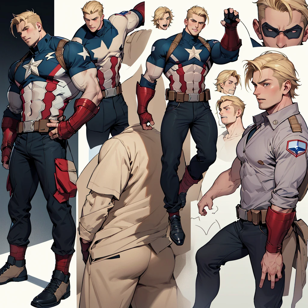 A model sheet of a muscular adult Captain America, short blonde hair in a very light tone, shaved neck. He wears a beige suit-style outfit in a light tone., black pants and black shoes. Using detailed gauntlets. In action and movement poses, various face angles, Facial expressions. 8 k quality