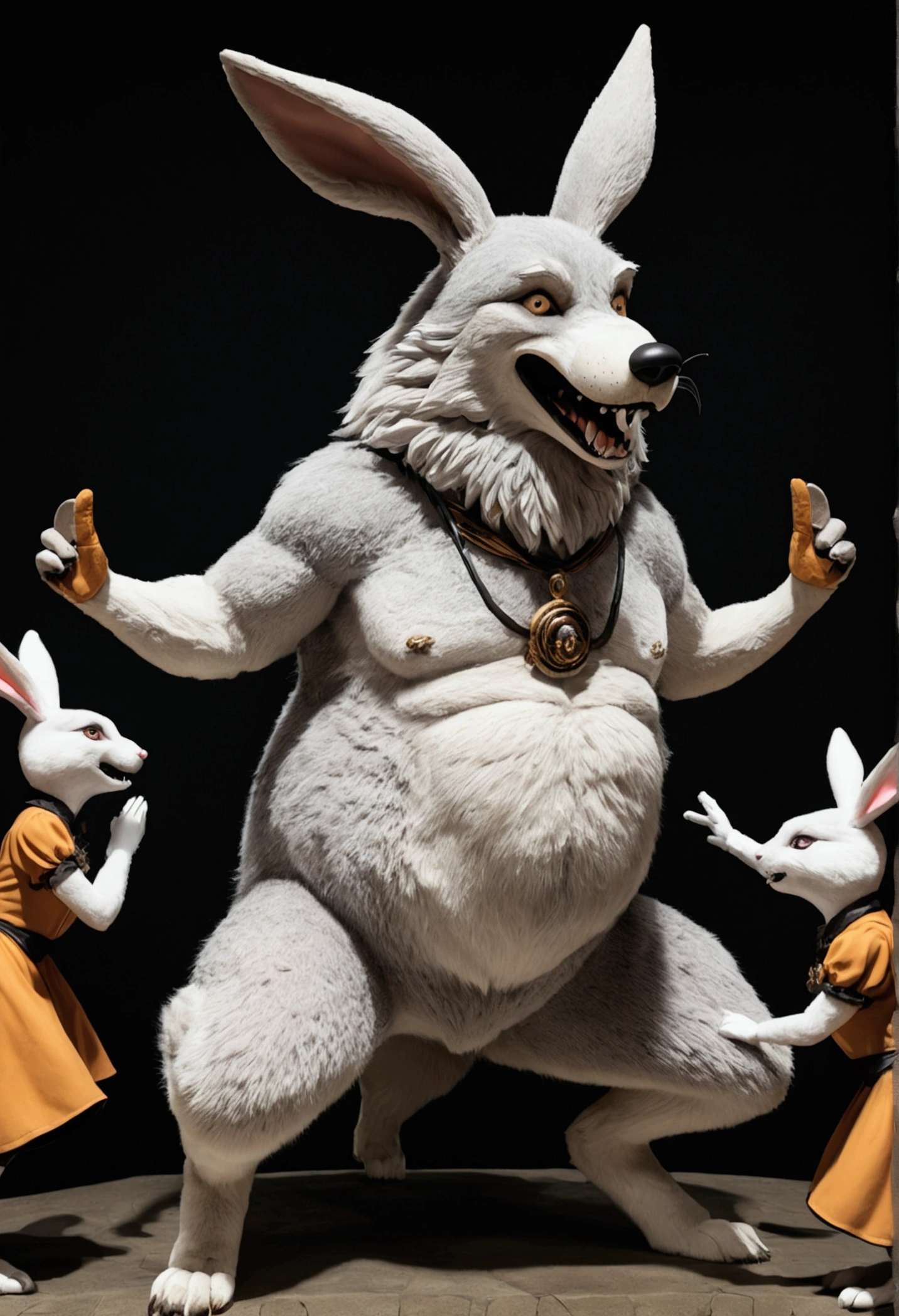 (((1 male anthropomorphic wolf))). (((Crowd of anthropomorphic female rabbits dressed as scary witches))).  (((No humans))). (((Many female anthropomorphic rabbits are tickling a lone male anthropomorphic wolf's belly))). The anthropomorphic wolf is lying flat on his back spread eagle. They dance next to the large and bloated belly of a shocked anthropomorphic wolf who is restrained to the ground. photo realistic style. dark medieval dungeon. (((The anthropomorphic rabbits try to touch the anthropomorphic wolf's extremely large erect penis and extremely large testicles located on the anthropomorphic wolf))). side view. Full body shot of anthropomorphic wolf. Male anthropomorphic wolf has large soft pot belly. Anthropomorphic wolf belly focus view. Correct anatomy. NSFW. (((Only the anthropomorphic male wolf is nude))), everyone else wears female clothes. Sexual acts. Lewd acts.