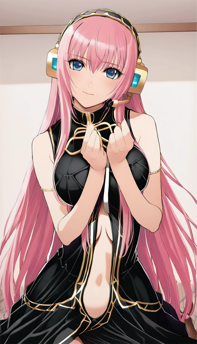 masterpiece,Beautiful adult woman ,Megurine Luka,E cup breasts,Pink long hair,blue eyes,headphone,Megurine Luka&#39;s official costume,Black costume,Gold decoration,smile,front,Bedroom,