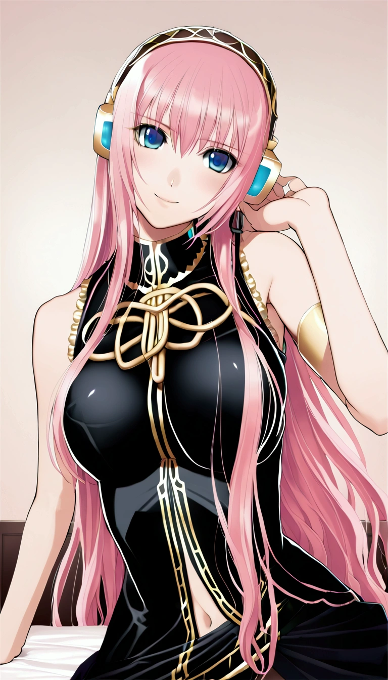 masterpiece,Beautiful adult woman ,Megurine Luka,E cup breasts,Pink long hair,blue eyes,headphone,Megurine Luka&#39;s official costume,Black costume,Gold decoration,smile,front,Bedroom,