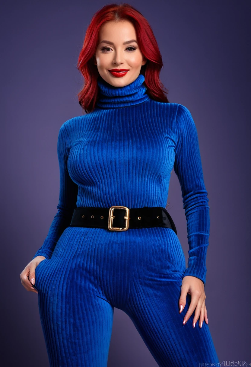 ((A aroused fertile feminine woman with perfect voluptuous meaty-brawny-Carneous-fleshy-beefy toned body figure, extreme firm firm firm accurately rounded 34DDD sized erected silicon breasts, covered erected nipples, erotic expressions on face, red lips, and straight red hair)), ((wearing an unwrinkled smooth extreme skintight turtleneck velour blue thick sweater with a belt and an extreme super skintight plush sumptuously velour luxuriously soft ribbed Winter Warm Thermal velvet Fleece Lined Women Leggings)), ((**standing and smiling, facing viewer, high quality, detailed face portrait, photorealistic, 8k, masterpiece vivid colors, warm lighting, intricate details, hentai, waifu, show full body view**))((low angle shot captured by IMAX camera))
