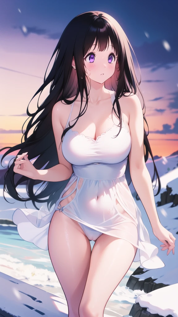 Chitanda,只有一个beautiful girl,Purple Eyes, Black Hair, Natural straight hair, Straight bangs,Extremely refined,open your lips,Face is so red,Very white skin,Skin as delicate as porcelain,Glowing skin,big eyes,Flowing long hair,beautiful girl, Like a dream,Slim,Slim waist,Soft, (Sensual), (Kawaii), Dream quality,Sweaty and sweaty,Wet skin,Side breasts,snowflake,Playing in the snow on the snow mountain,Looking up,Looking up,Falling to the ground,Thighs clamp hands,It's covered in water,Hands reach into your pants,White transparent dress,Profile,(Completely naked),Gluteal groove,The outline of the breasts is visible through clothing,Completely naked的背部,nacked hip,very close,Deep V neckline,Loose neckline,Beautiful big breasts,No pants,nopan,no pants,Bare shoulders,There are no shoulder straps,Exposed collarbone,Delicate clavicle,Delicate hands and feet,Bare neck,There are no clothes around the neck,Bare thighs,Exposed groin,Camel toe,extremely shy,Ultra-high resolution, (masterpiece:1.2, best quality), (Delicate and beautiful eyes: 1.2), (Beautiful and delicate face)